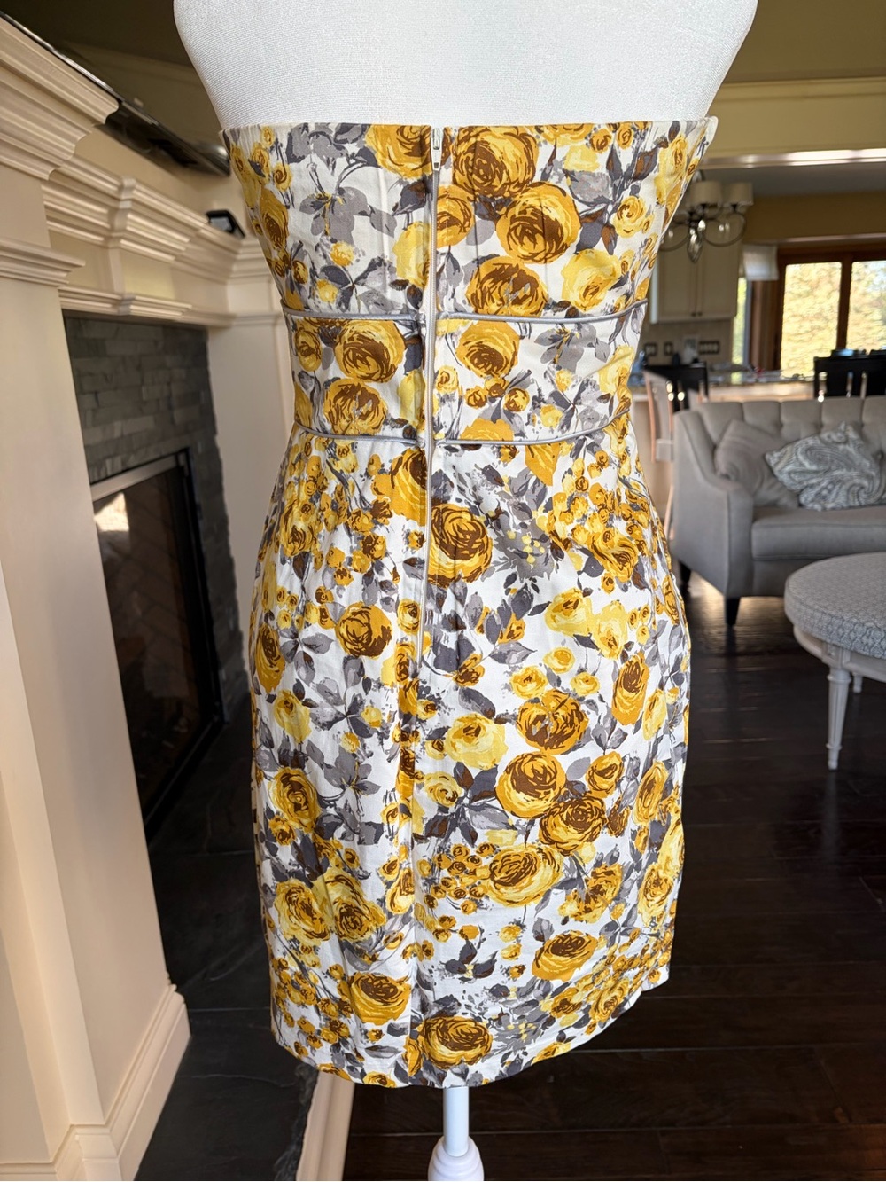 B. Smart Yellow/Gray Floral Strapless Sundress Sz 10 Cotton Pockets Vintage Y2K - Picture 8 of 10